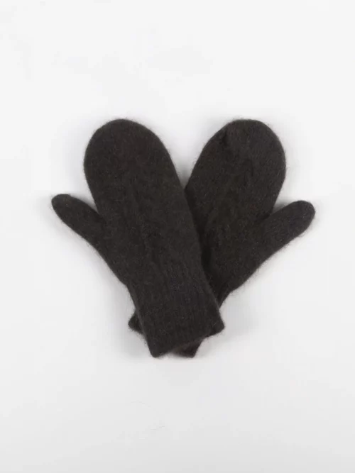 Paire de moufles en yack marron foncé posées sur une surface blanche.