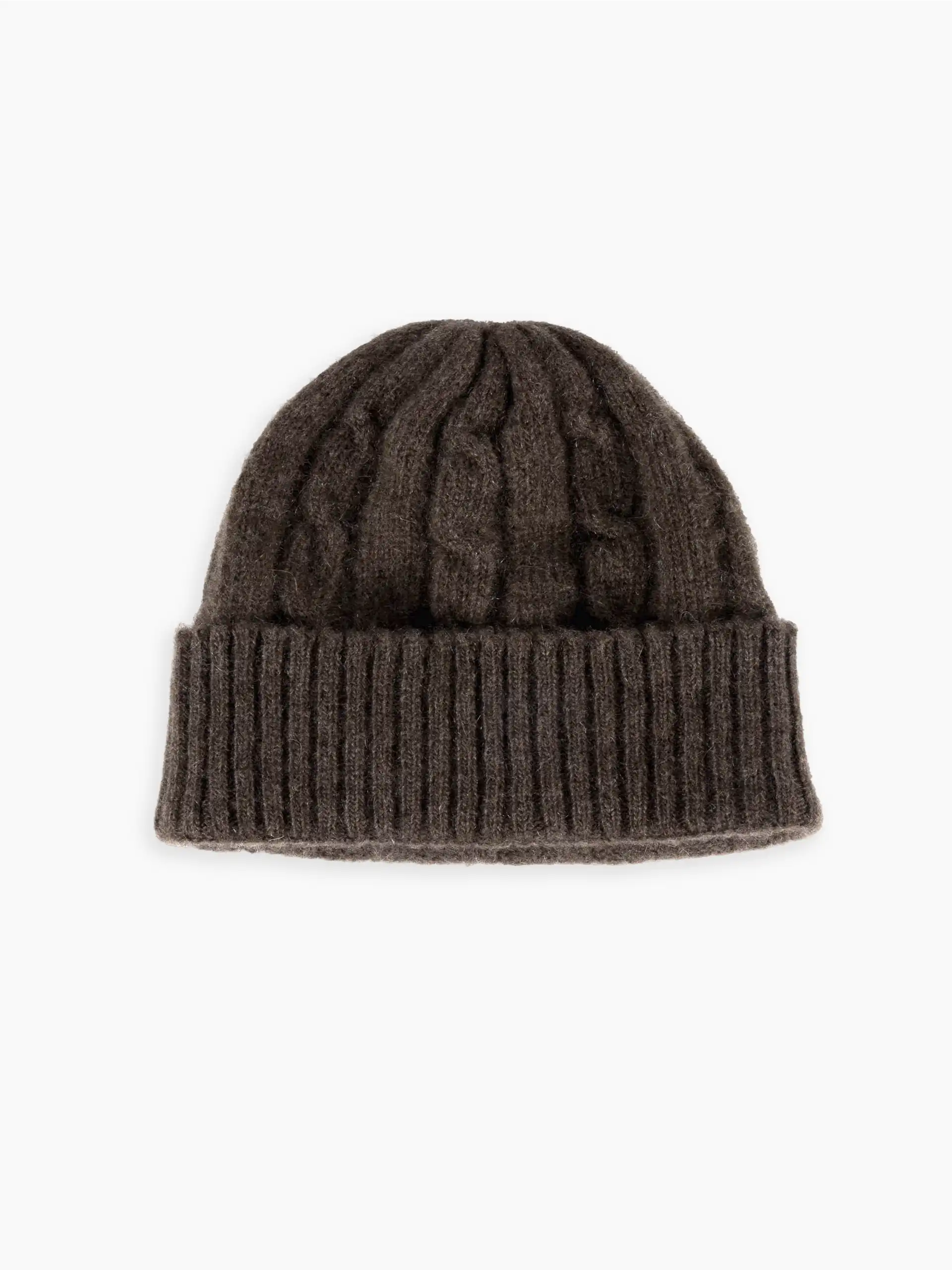 Bonnet yack marron foncé torsadé de Mongolie présenté sur fond blanc.