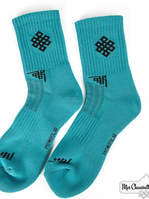 Paire de chaussettes coton bleues avec motif traditionnel noir, conçues par Mes Chaussettes Mongoles