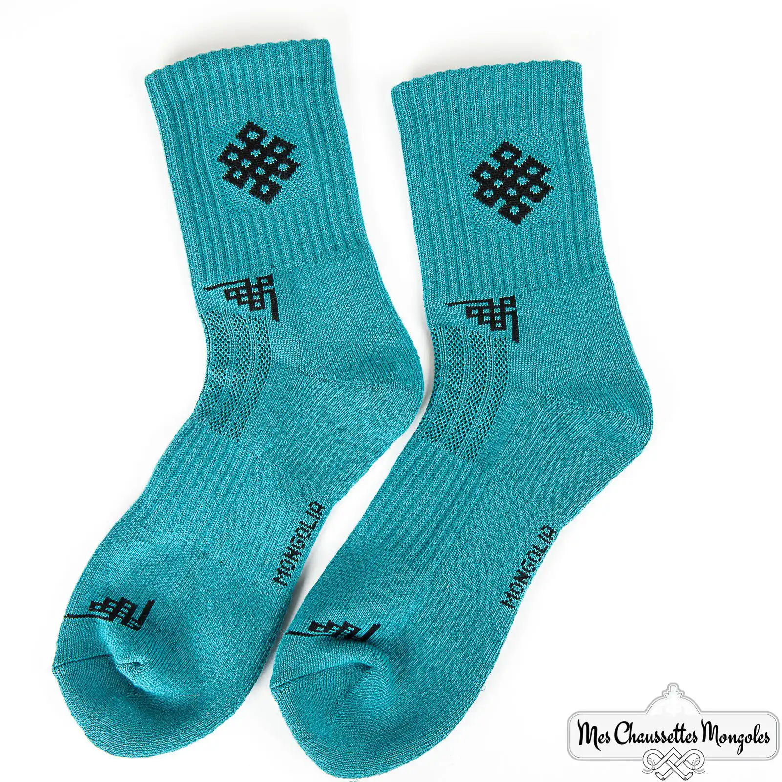 Paire de chaussettes coton bleues avec motif traditionnel noir, conçues par Mes Chaussettes Mongoles