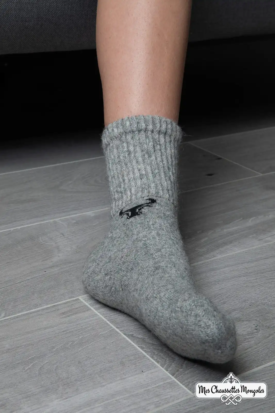 Gros plan sur une chaussette grise avec motif yack