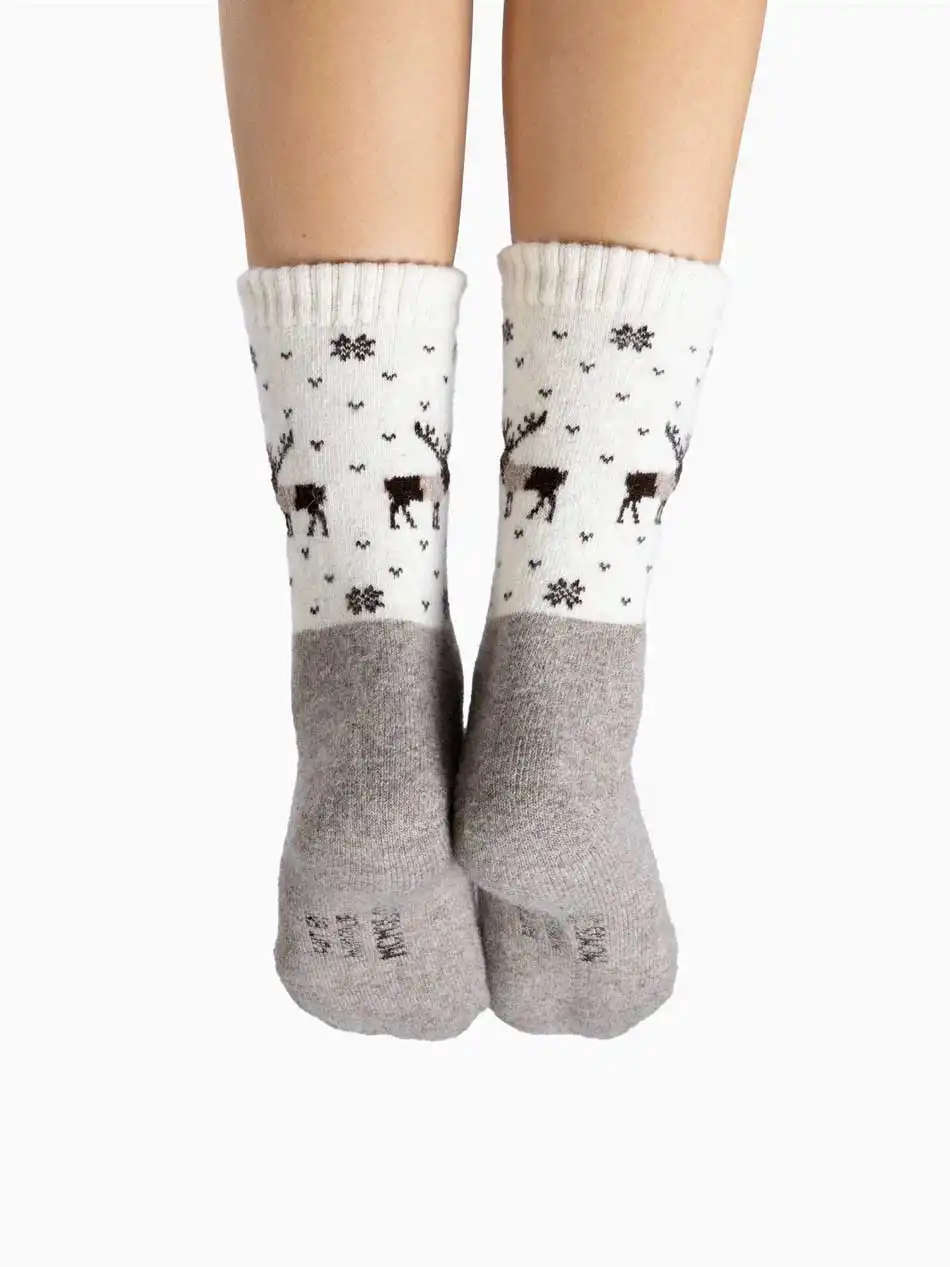 Chaussettes hivernales blanches en laine avec motifs de rennes pour homme et femme