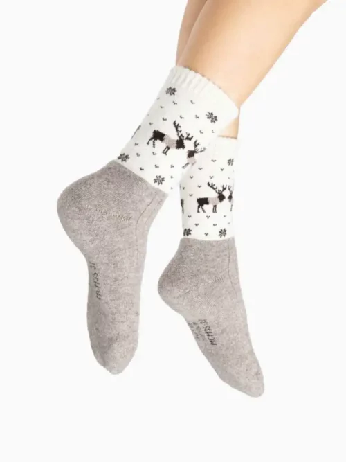 Chaussettes hivernales en laine tricotée avec motifs de rennes pour femme