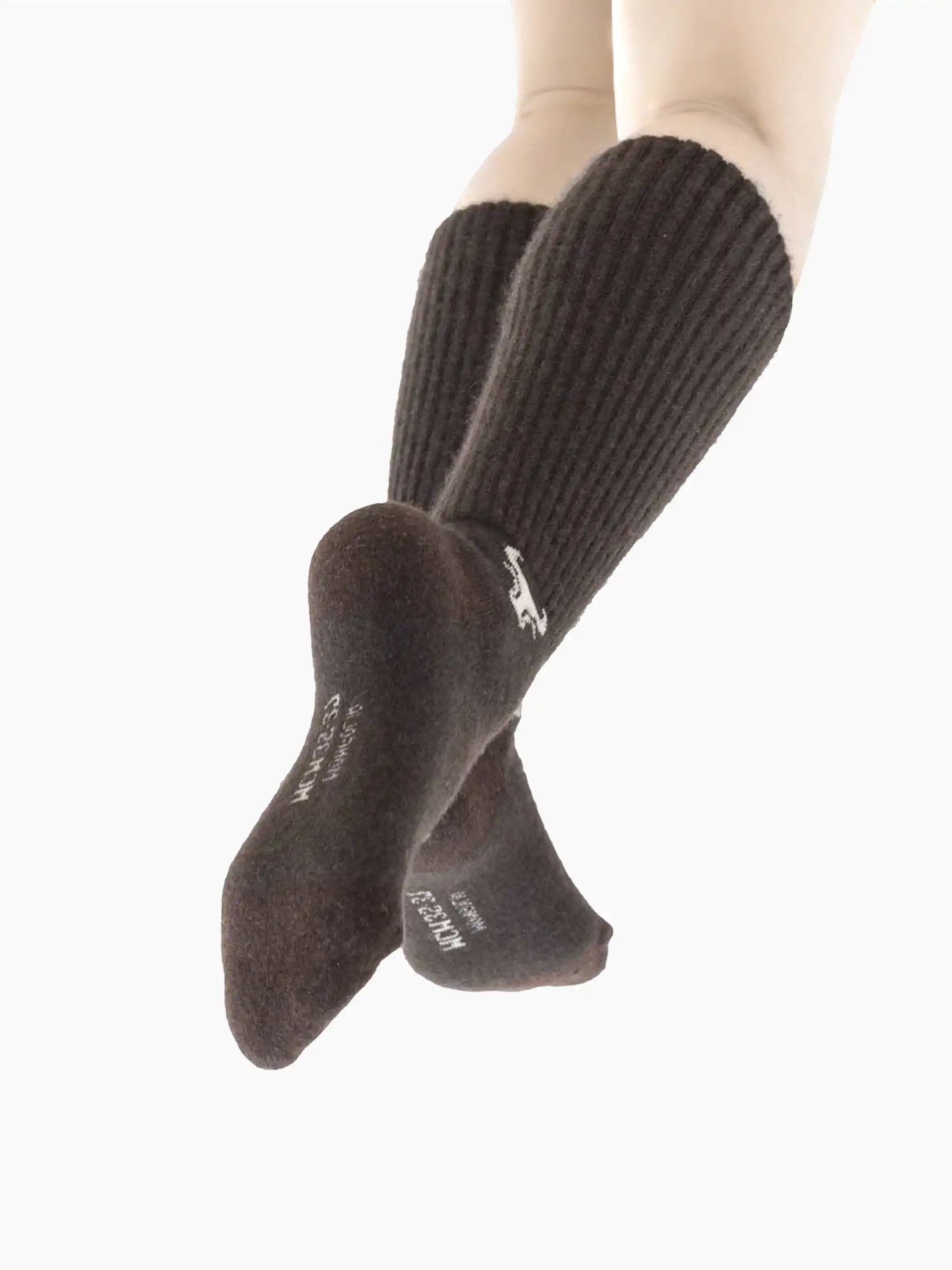 Vue de dos des chaussettes yack hautes portées