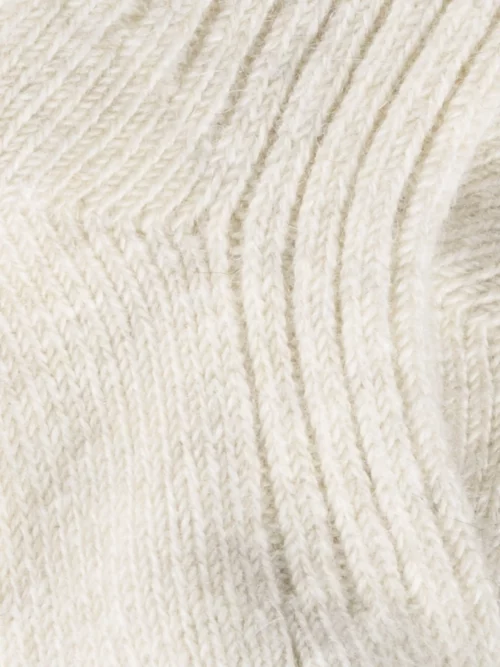 Gros plan sur la texture tricotée des chaussettes mouton blanc, motif élégant et naturel pour l'hiver.